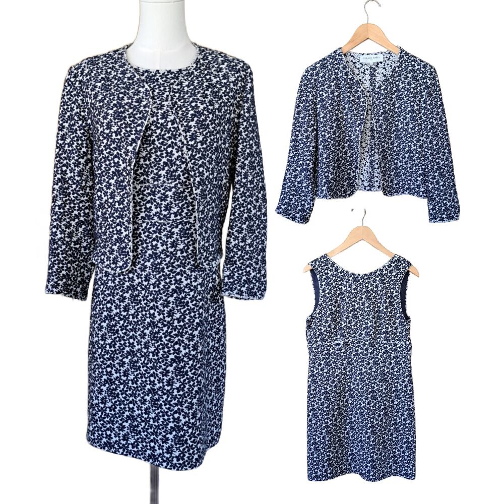 GERARD DAREL 2-Piece Jacquard Dress & Jacket Set Navy White Floral 40 / 8 Suit